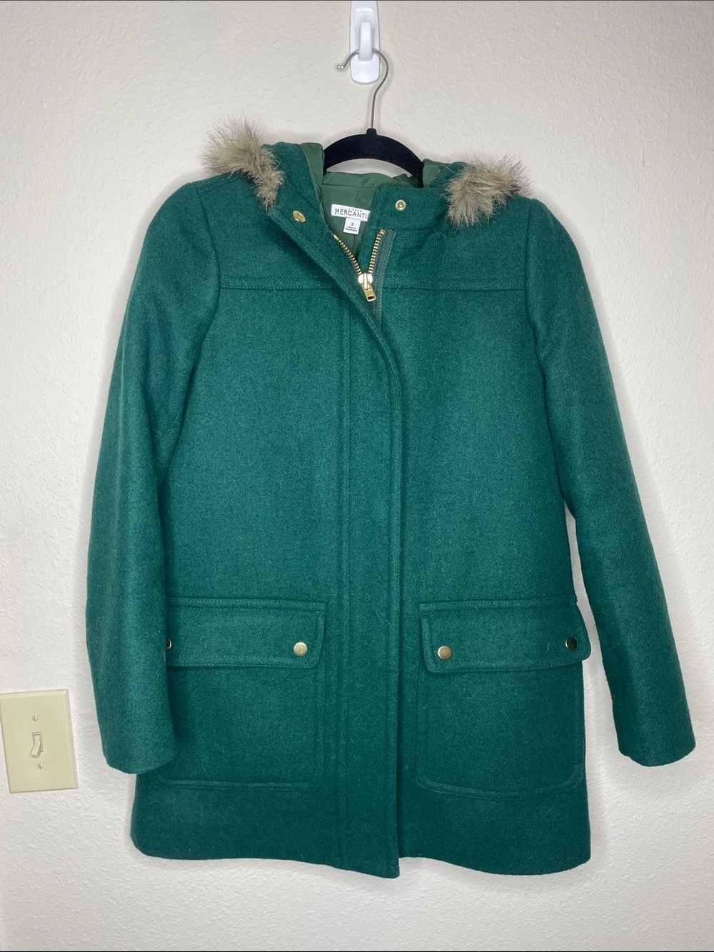 J.Crew Mercantile | Women’s Green Wool Vail Parka Faux Fur Collar Size 2 - Picture 2 of 7